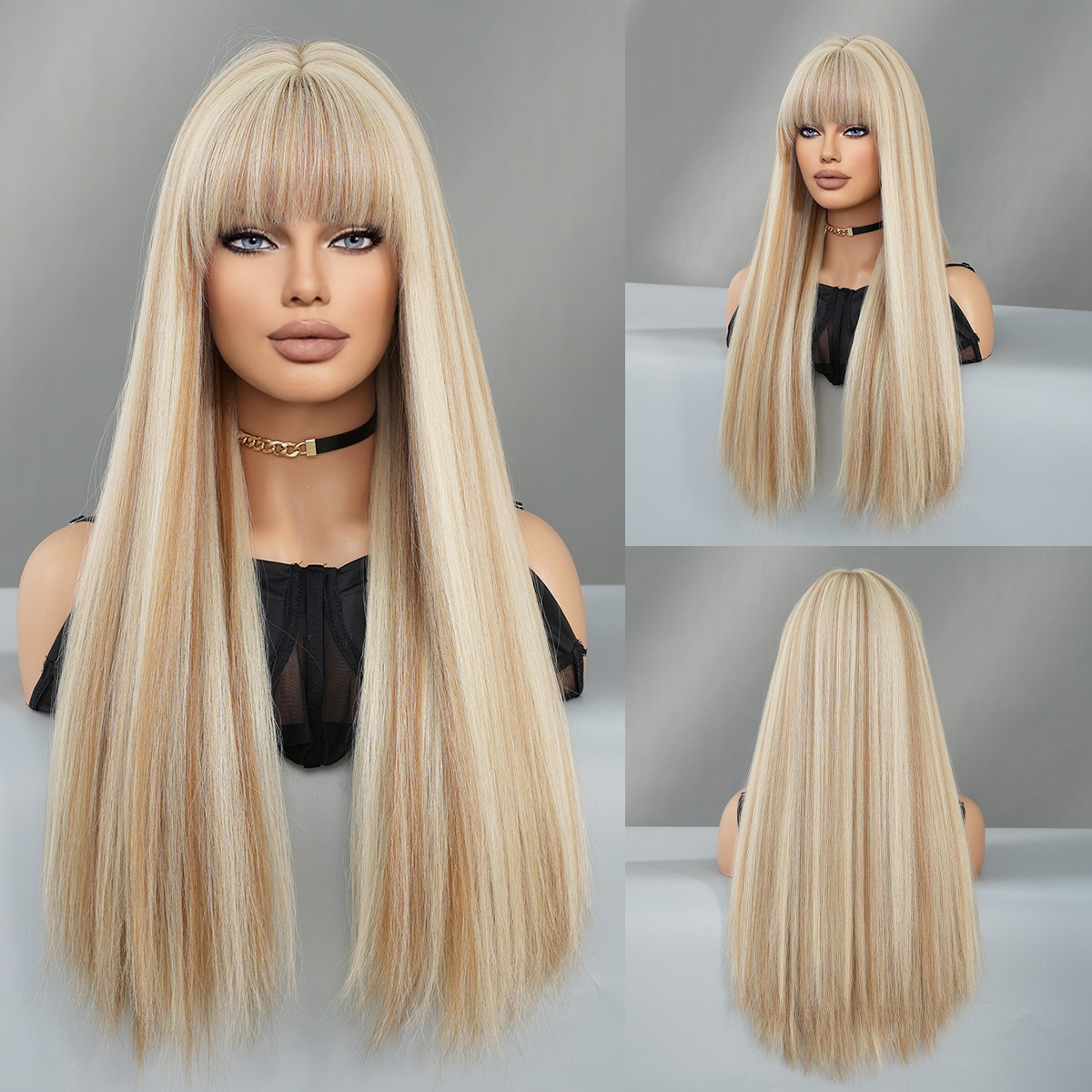 Linen Brown Highlights Long straight Hair Women Fashion Wig Long straight Wig